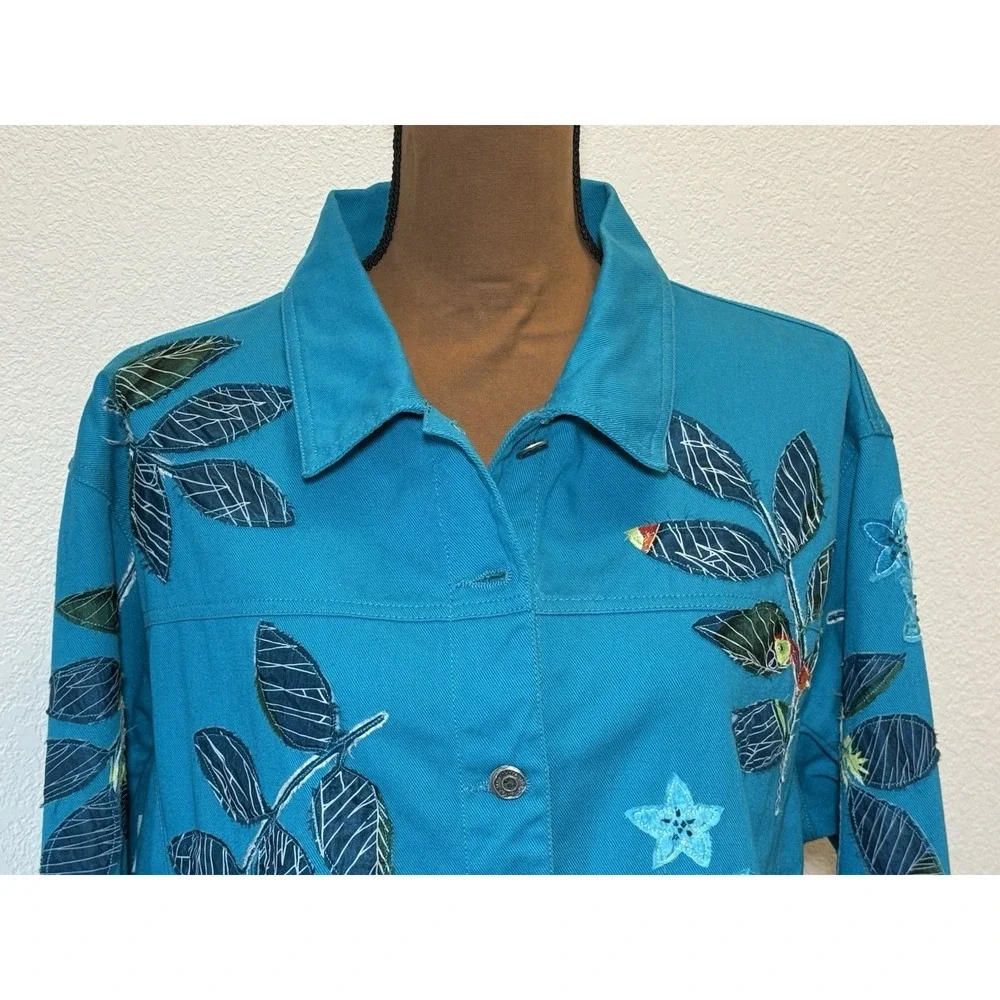 Chicos Teal Tropical/Leaf/Parrot Applique/Beaded Denim Jacket Sz 3 (XL-16) Artsy